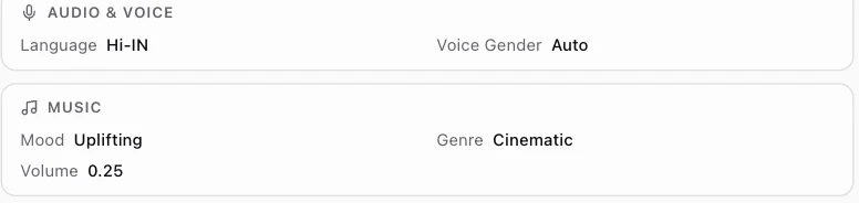 A project's audio settings: language and voice gender under Audio & Voice, and mood, genre and volume under Music.