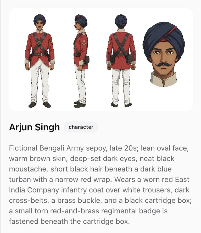 One reference sheet showing four views of the same character — full-body front, side and back, and a face close-up — above his written description.