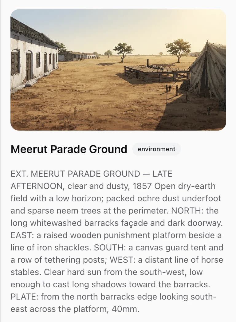 The reference canvas open on a location, showing a wide establishing plate of a dusty parade ground above a description naming what stands to the north, east, south and west.